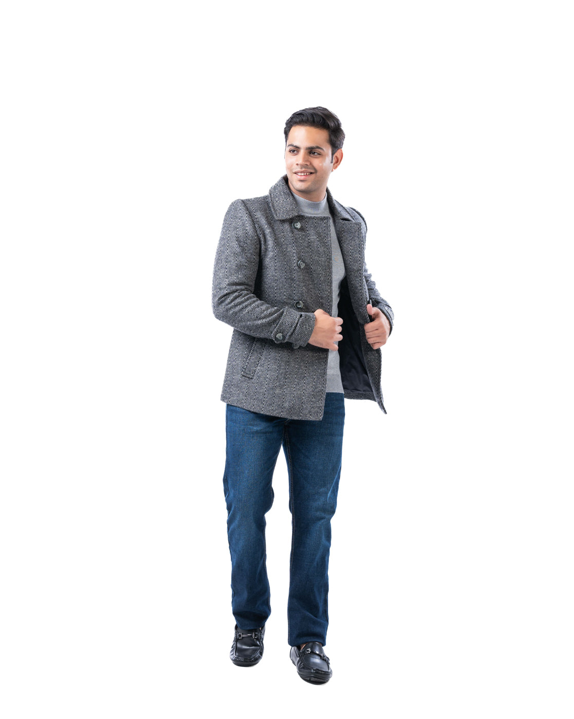 Men’s Light Grey Wool Blend Double-Breasted Blazer with Lapel Collar & Slant Pockets