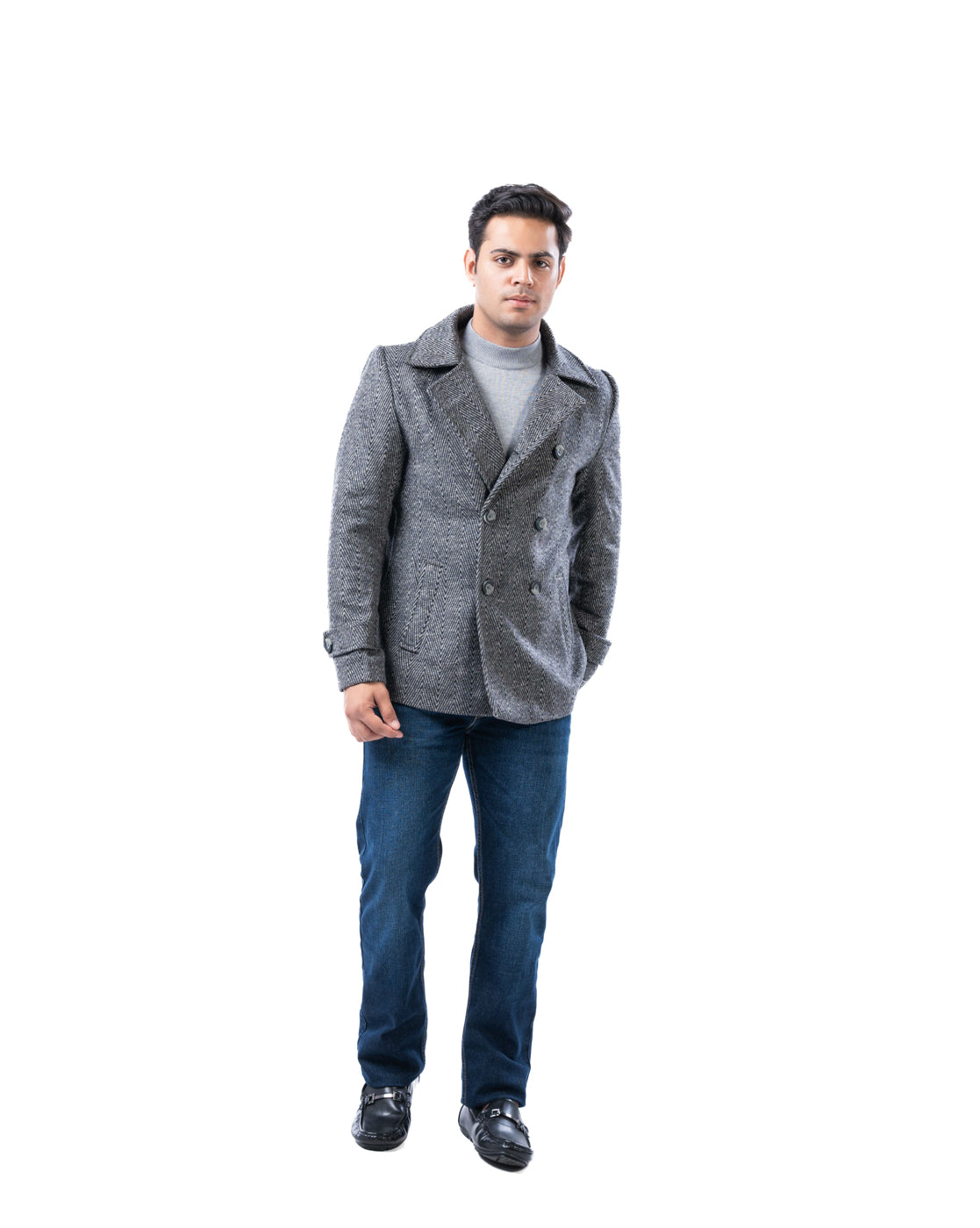 Men’s Light Grey Wool Blend Double-Breasted Blazer with Lapel Collar & Slant Pockets