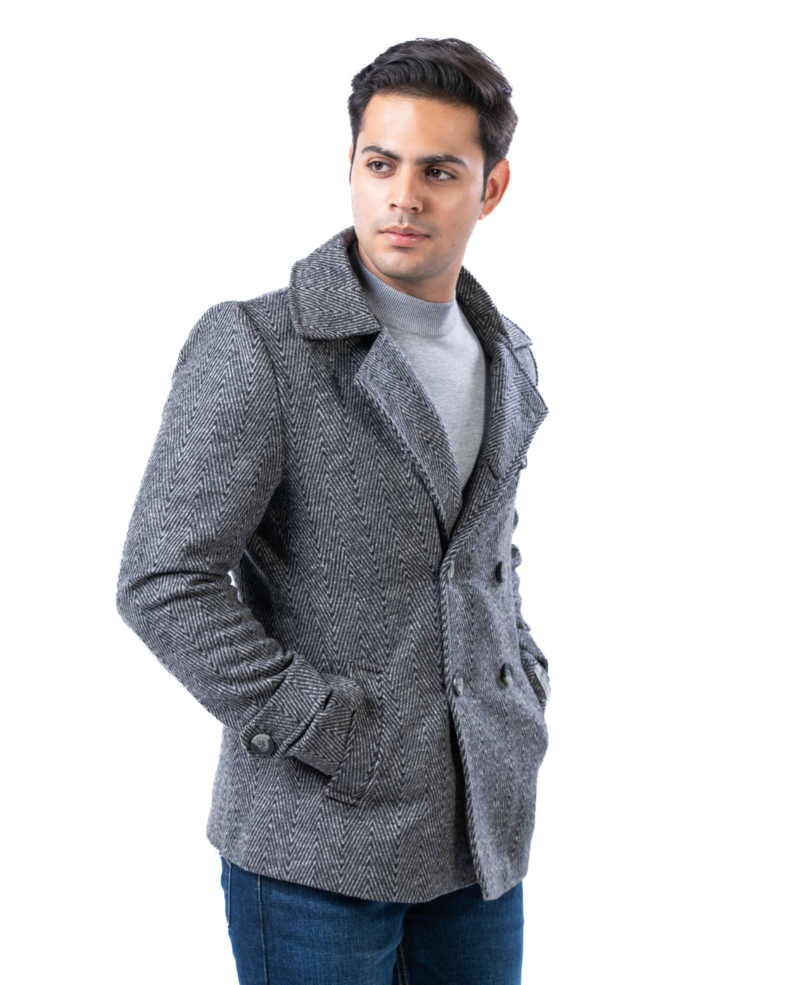 Men’s Light Grey Wool Blend Double-Breasted Blazer with Lapel Collar & Slant Pockets