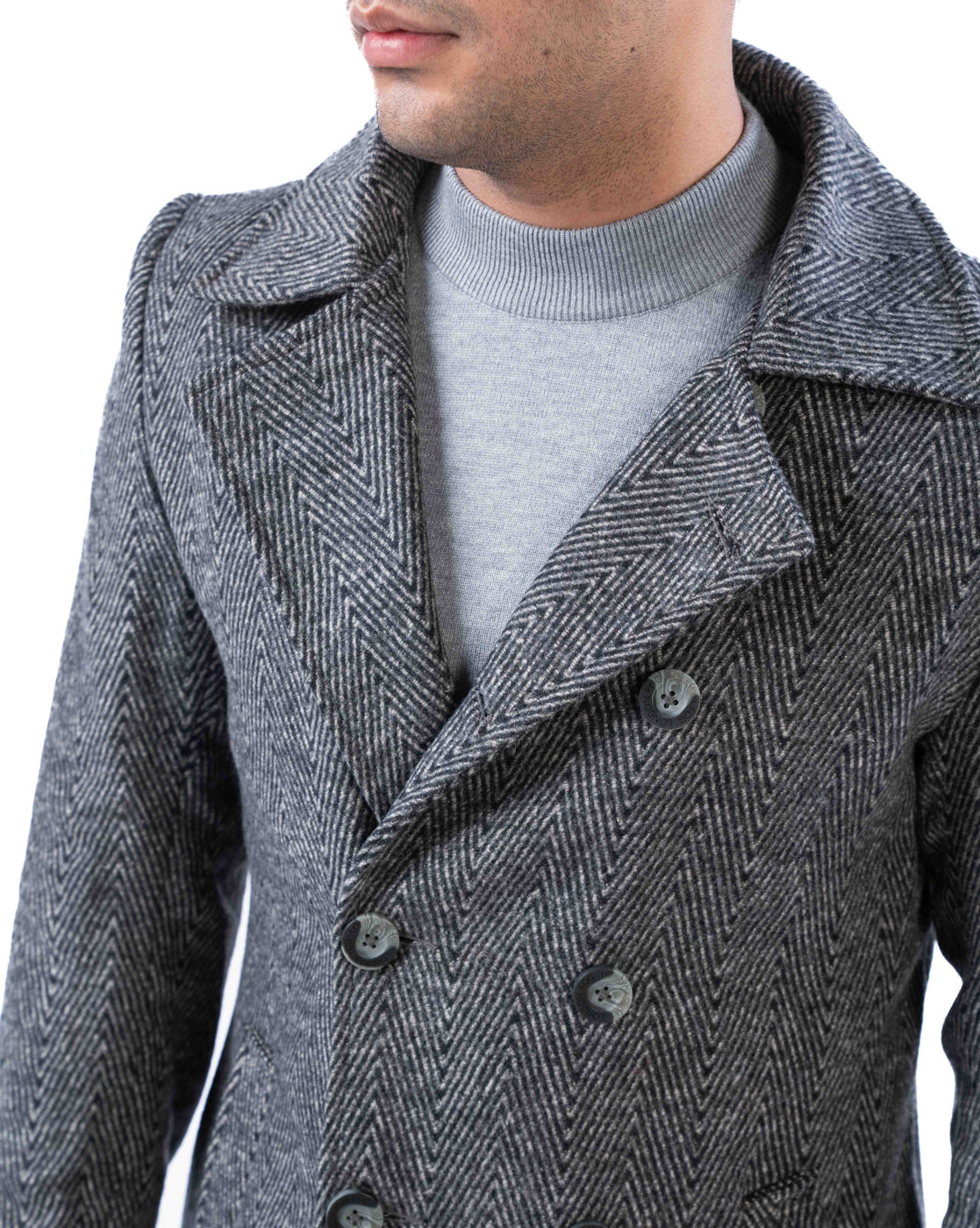 Men’s Light Grey Wool Blend Double-Breasted Blazer with Lapel Collar & Slant Pockets