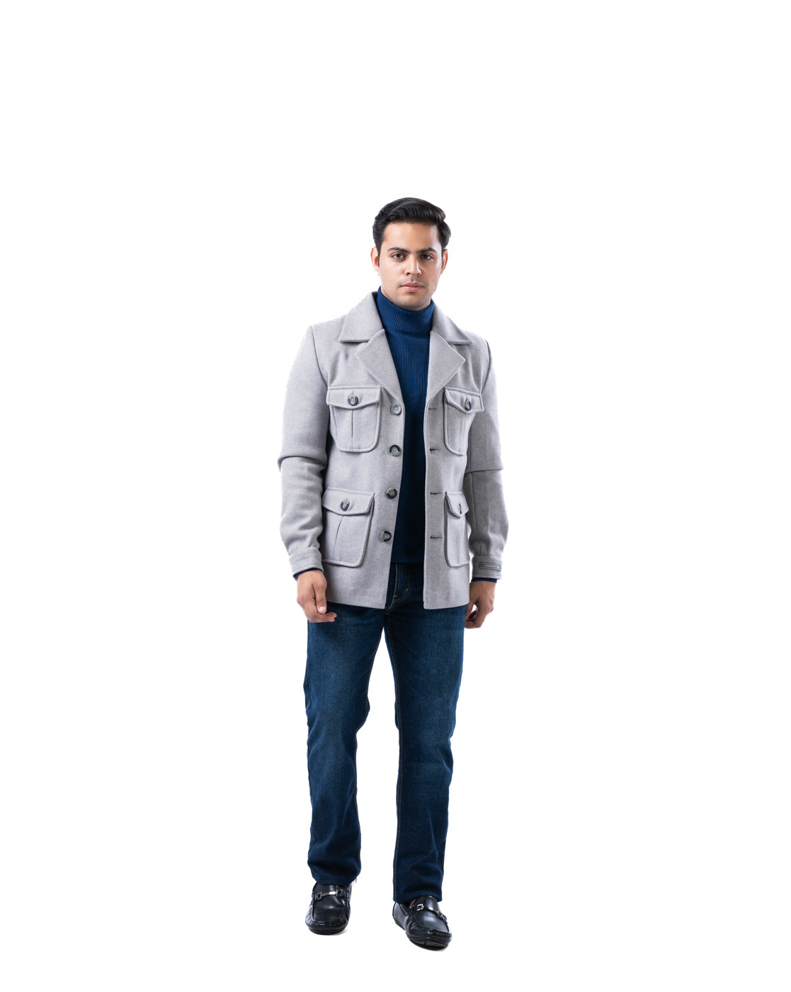 Men’s Light Grey Polyester Blazer with Pleated Flap Pockets and Center Vent