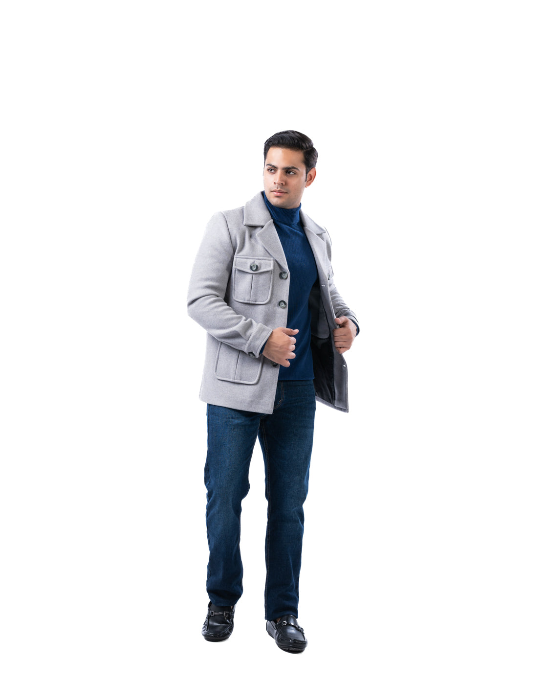Men’s Light Grey Polyester Blazer with Pleated Flap Pockets and Center Vent