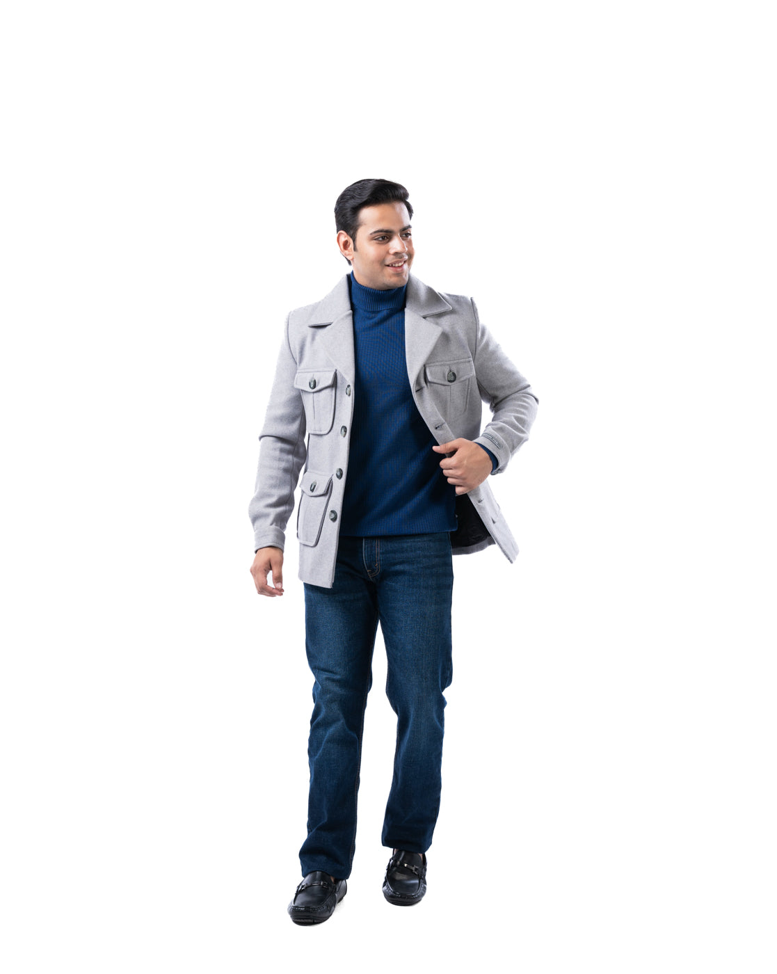 Men’s Light Grey Polyester Blazer with Pleated Flap Pockets and Center Vent