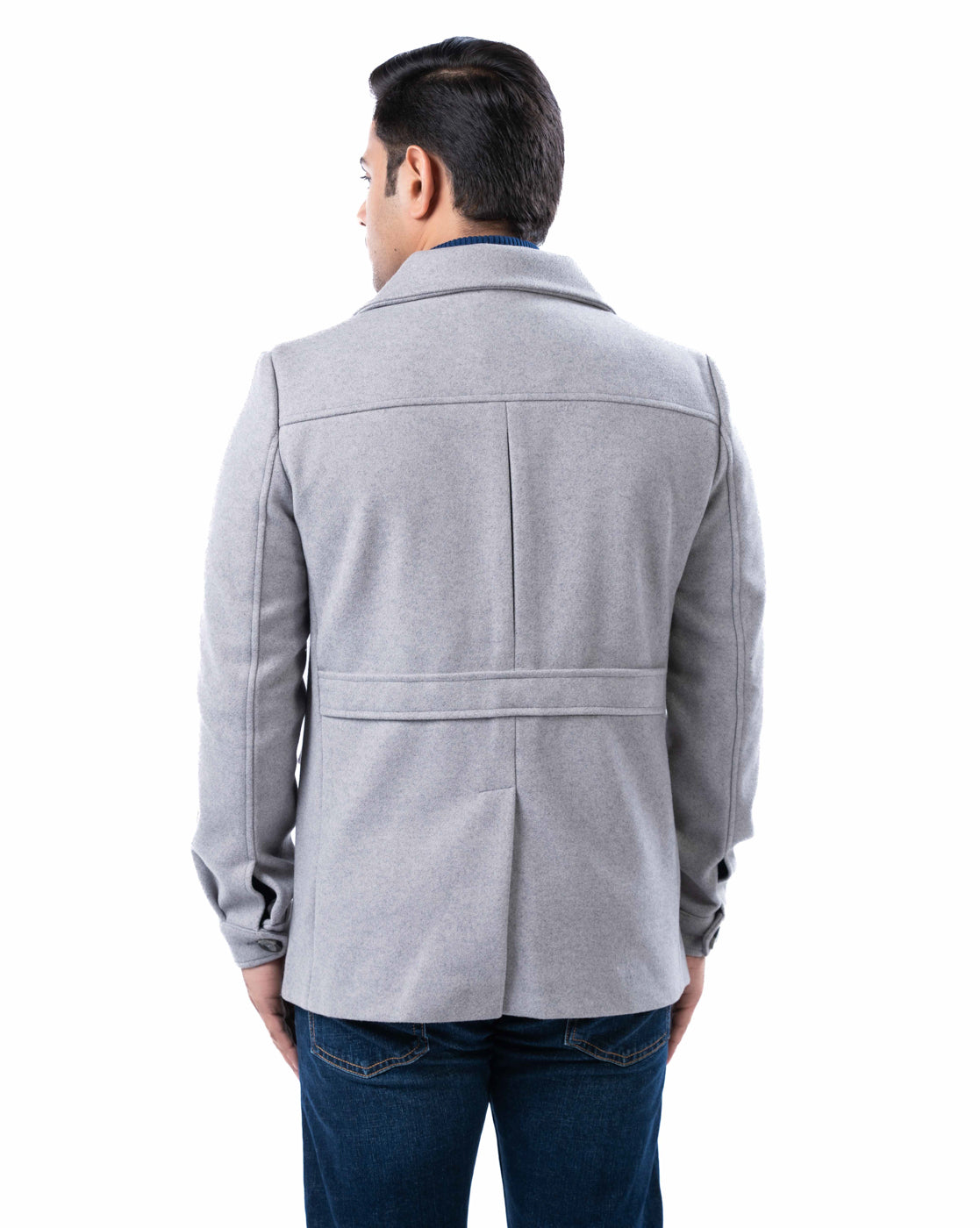 Men’s Light Grey Polyester Blazer with Pleated Flap Pockets and Center Vent