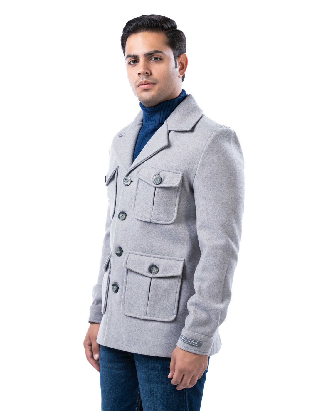 Men’s Light Grey Polyester Blazer with Pleated Flap Pockets and Center Vent