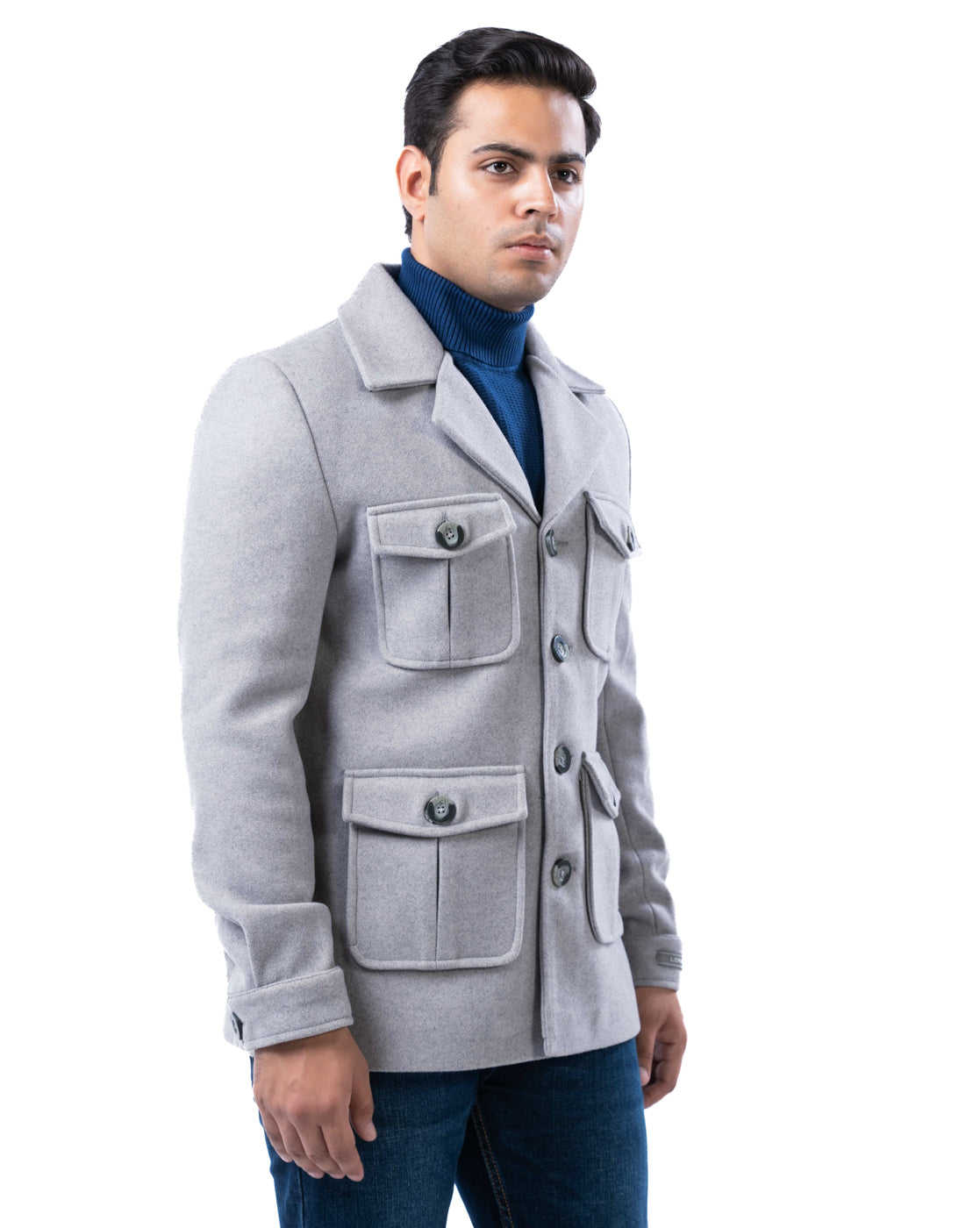 Men’s Light Grey Polyester Blazer with Pleated Flap Pockets and Center Vent