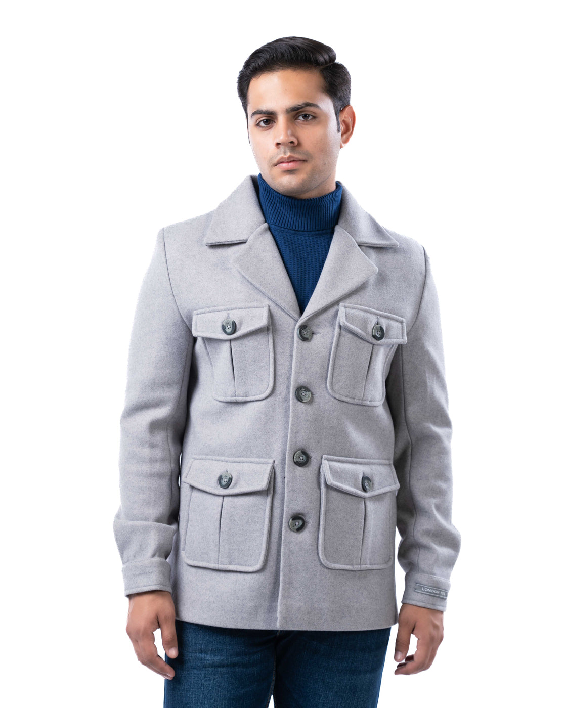Men’s Light Grey Polyester Blazer with Pleated Flap Pockets and Center Vent