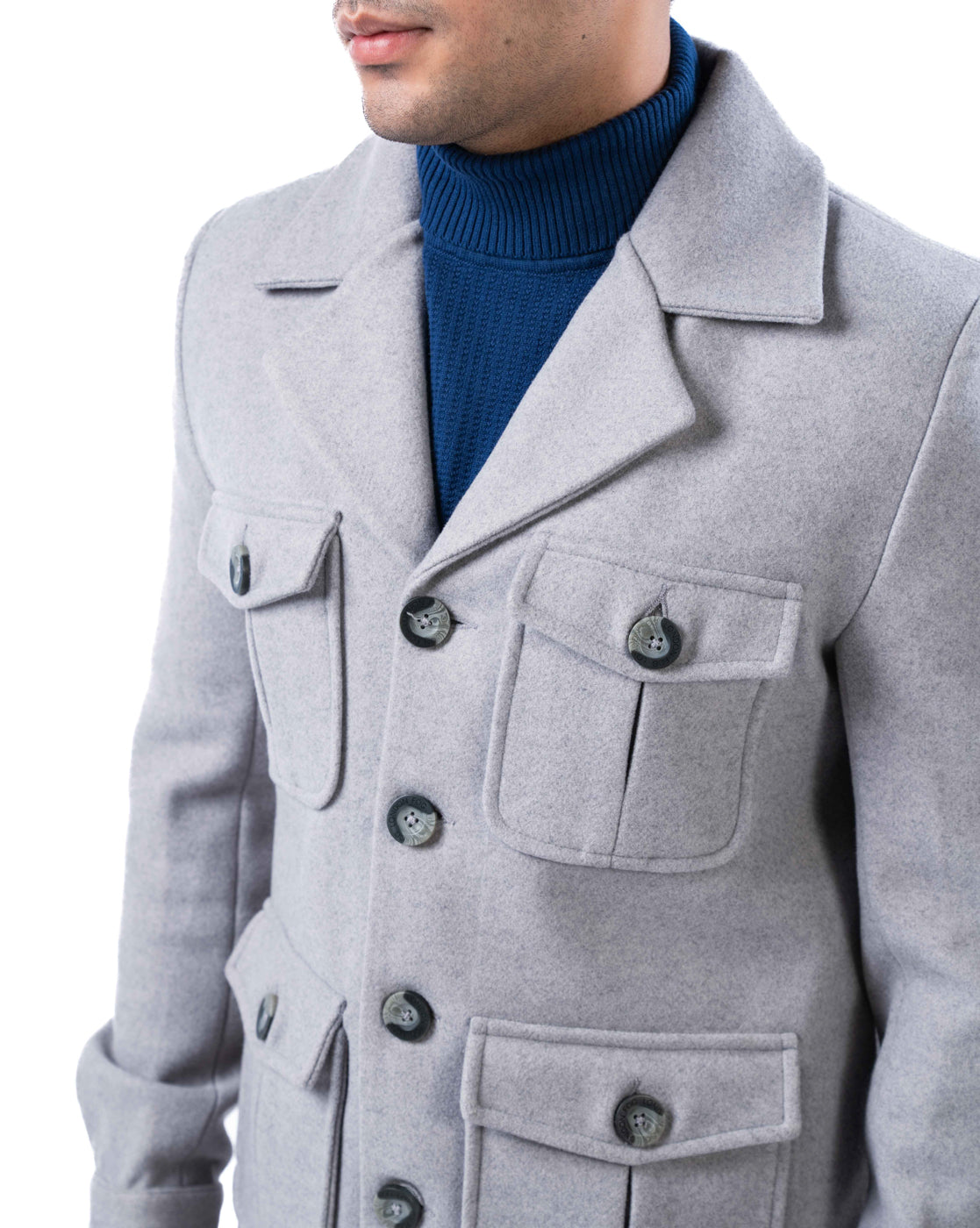 Men’s Light Grey Polyester Blazer with Pleated Flap Pockets and Center Vent