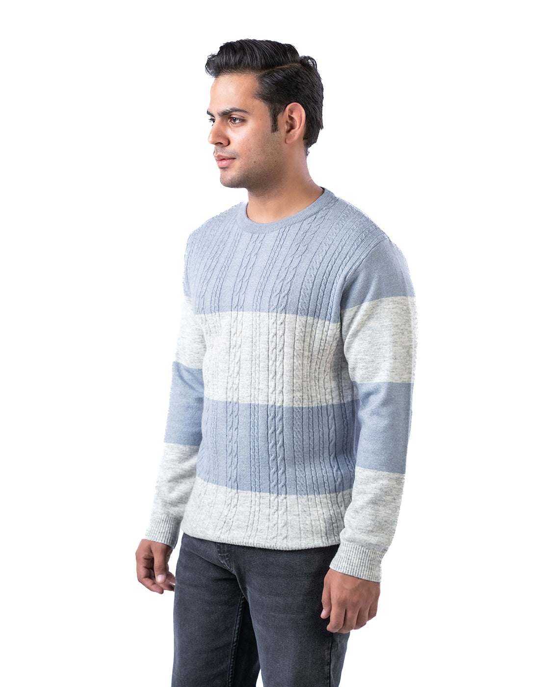 Men’s Aqua Aran Cable Knit Pullover in Blended Fashion Yarn with Crew Neck and Side Loop Label