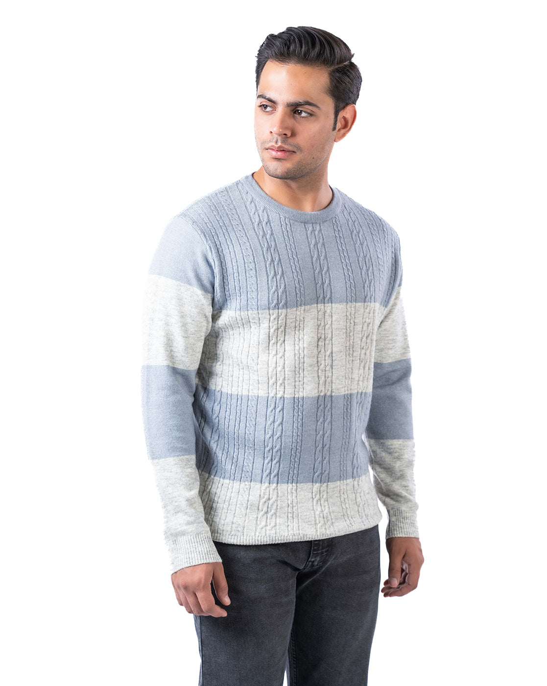 Men’s Aqua Aran Cable Knit Pullover in Blended Fashion Yarn with Crew Neck and Side Loop Label