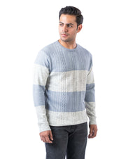 Men’s Aqua Aran Cable Knit Pullover in Blended Fashion Yarn with Crew Neck and Side Loop Label