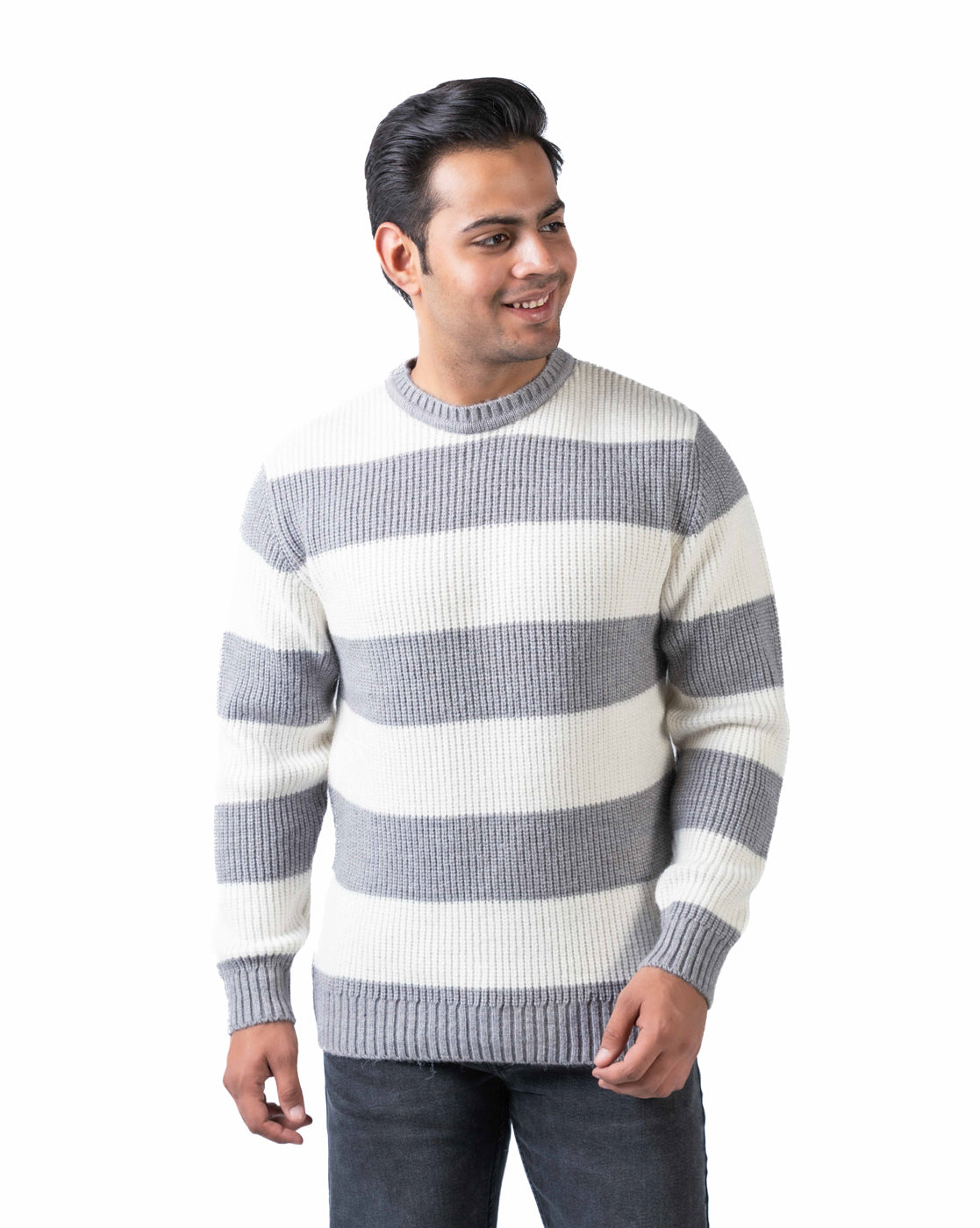 Men’s Light Grey Reversible Knit Pullover in Blended Yarn with Crew Neck and Side Loop Label