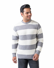 Men’s Light Grey Reversible Knit Pullover in Blended Yarn with Crew Neck and Side Loop Label