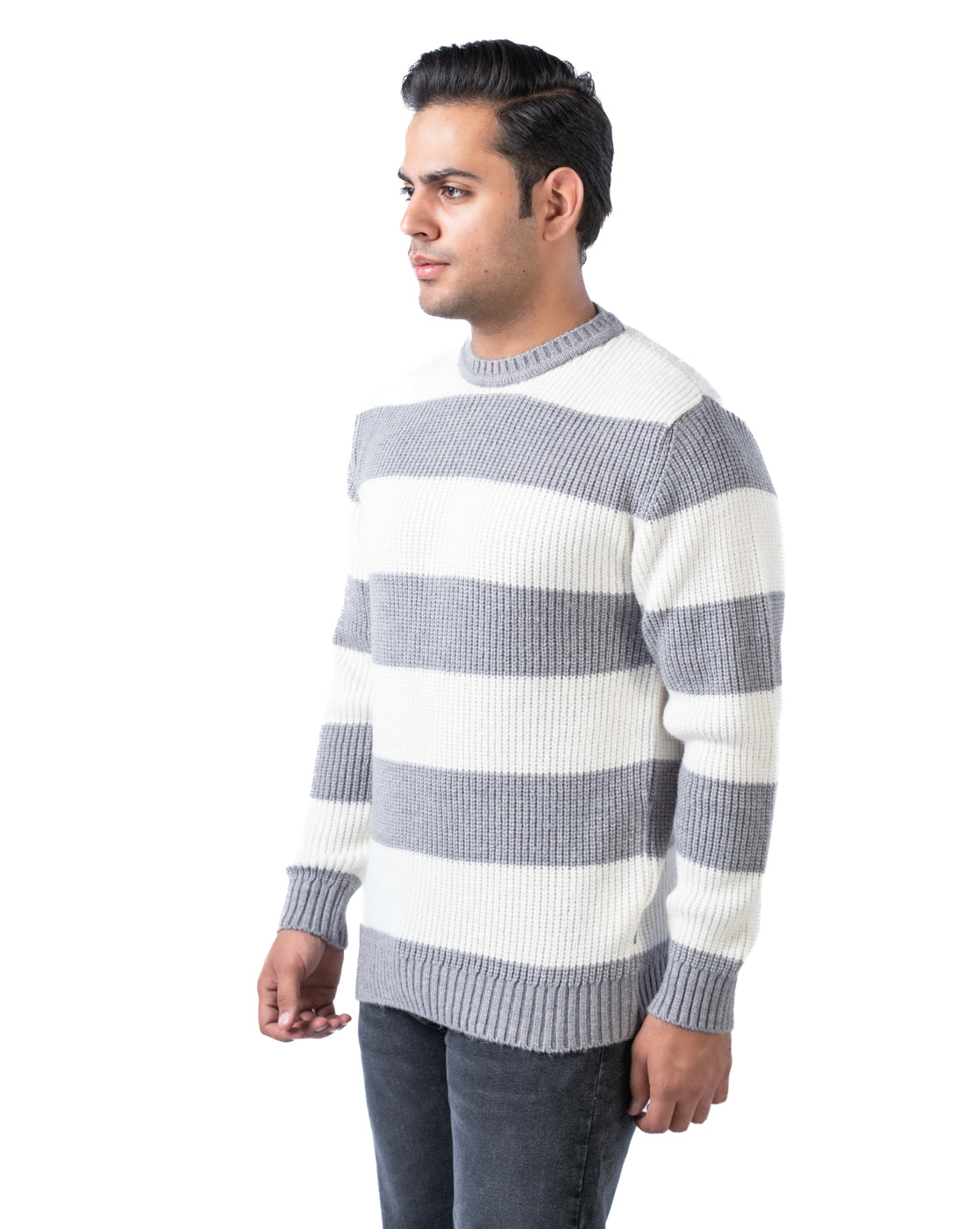 Men’s Light Grey Reversible Knit Pullover in Blended Yarn with Crew Neck and Side Loop Label