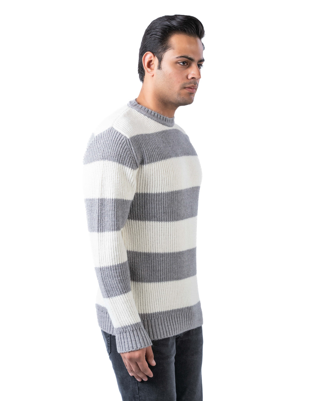 Men’s Light Grey Reversible Knit Pullover in Blended Yarn with Crew Neck and Side Loop Label