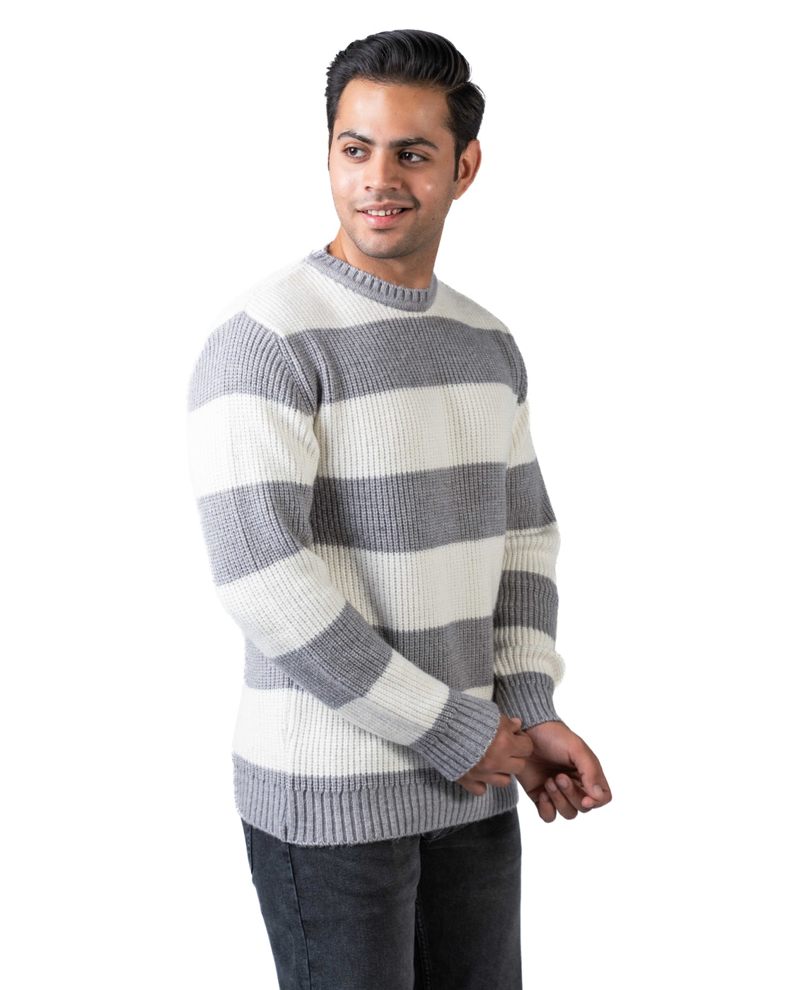 Men’s Light Grey Reversible Knit Pullover in Blended Yarn with Crew Neck and Side Loop Label