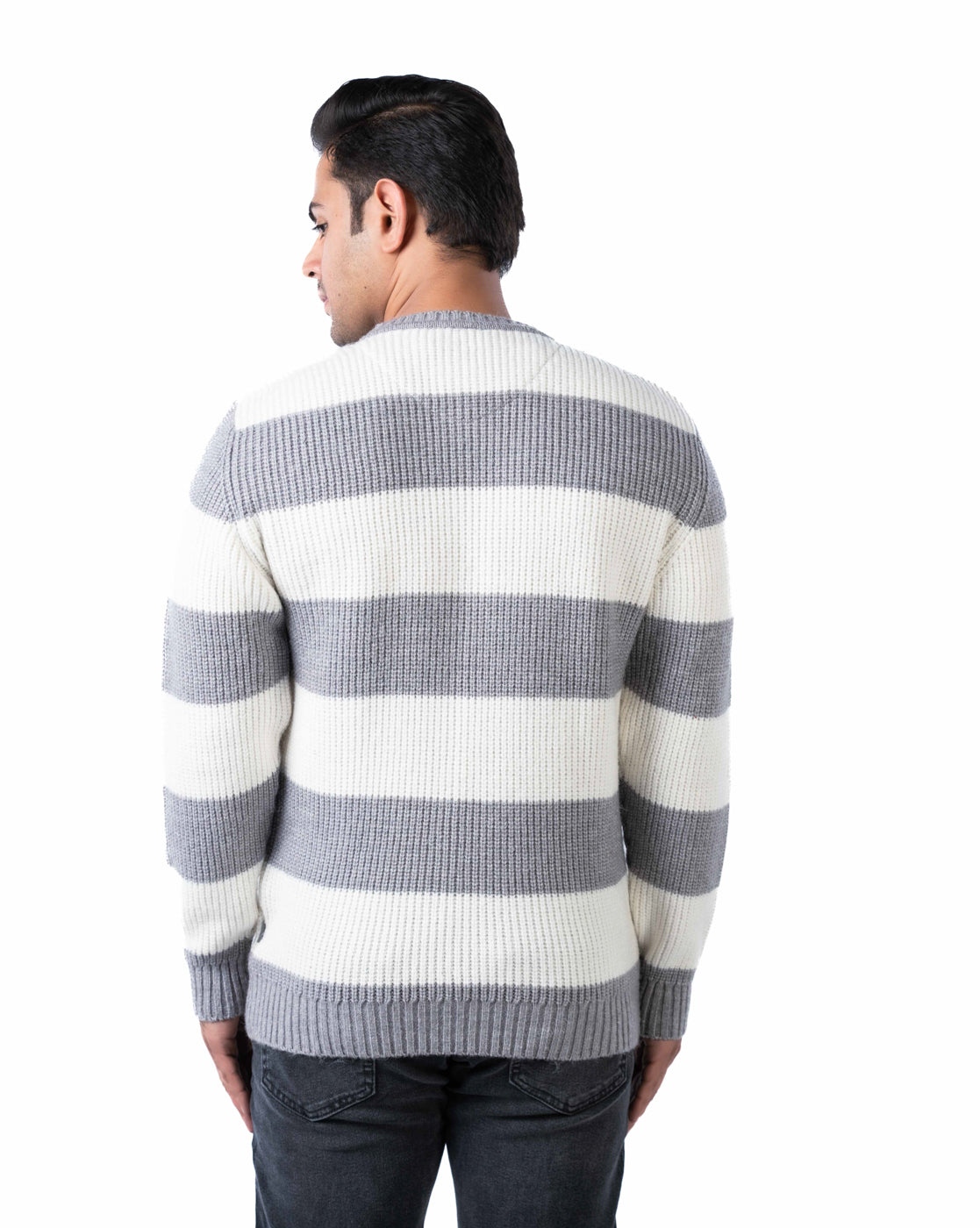 Men’s Light Grey Reversible Knit Pullover in Blended Yarn with Crew Neck and Side Loop Label