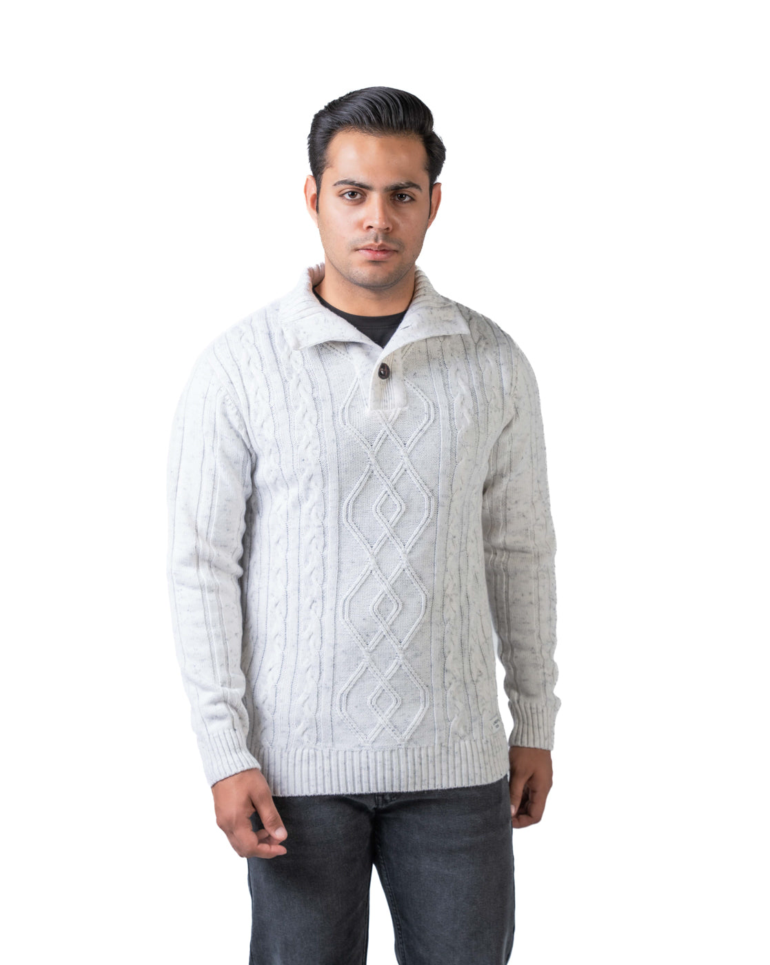 Men’s Off White Cable Knit Acrowool Pullover with High Neck
