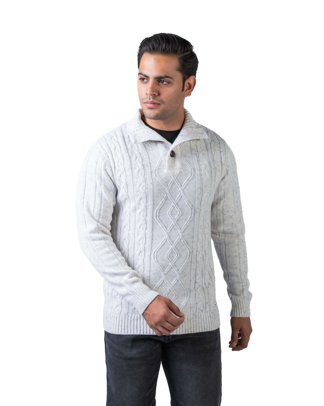 Men’s Off White Cable Knit Acrowool Pullover with High Neck