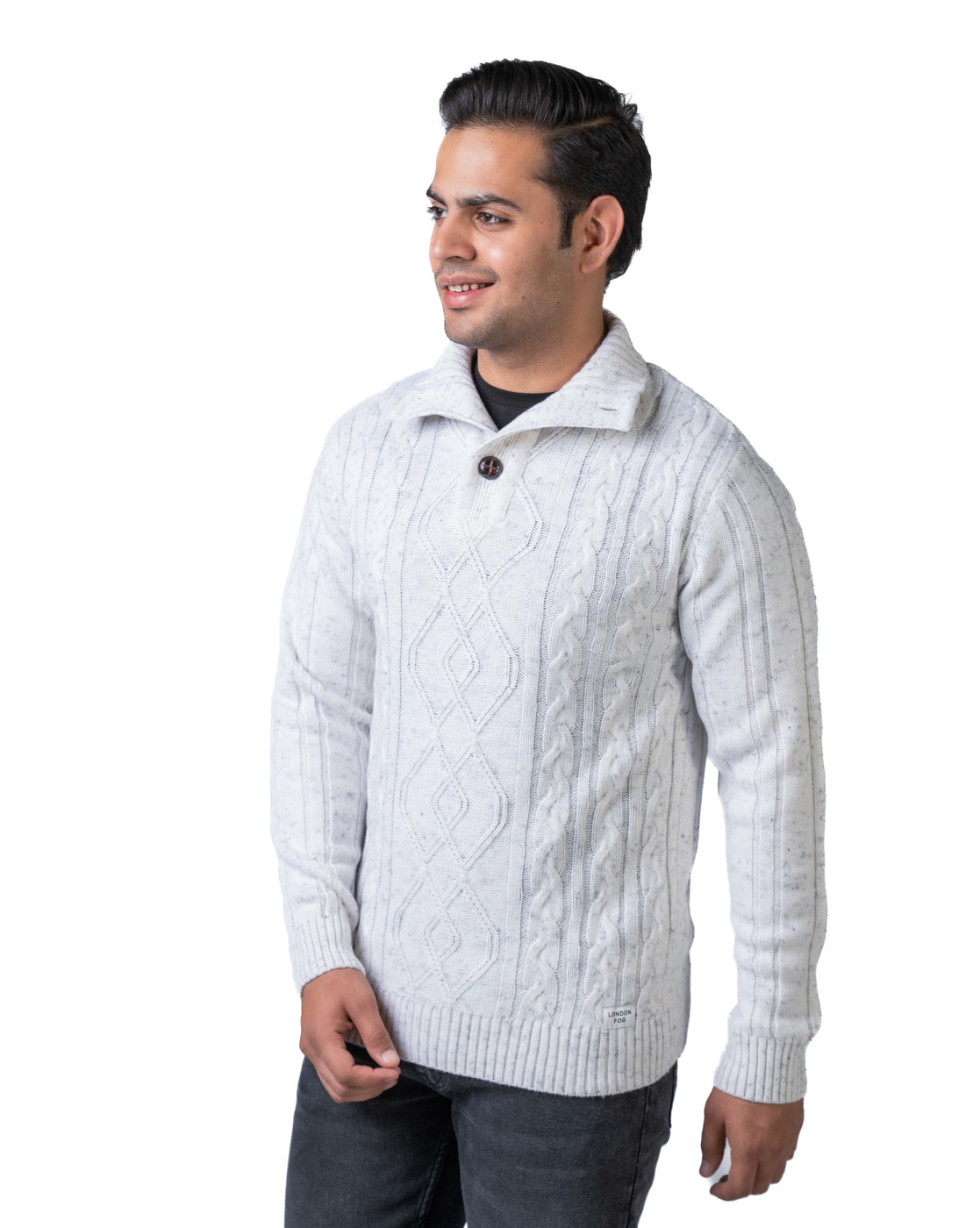 Men’s Off White Cable Knit Acrowool Pullover with High Neck