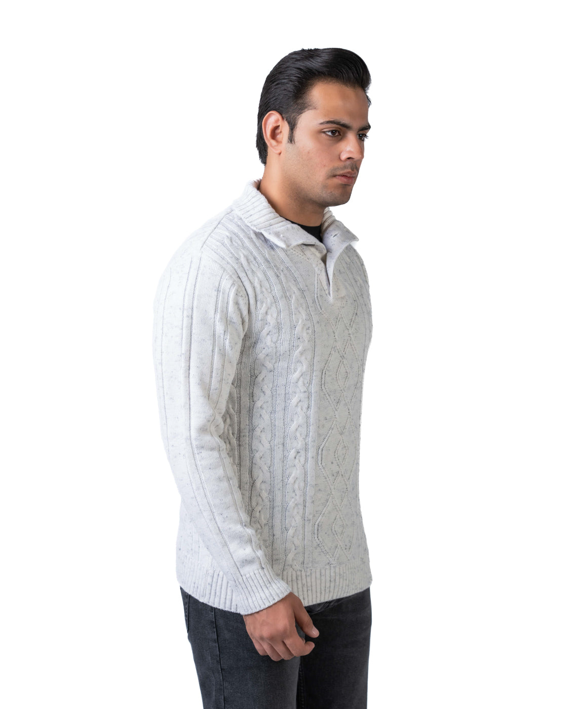 Men’s Off White Cable Knit Acrowool Pullover with High Neck