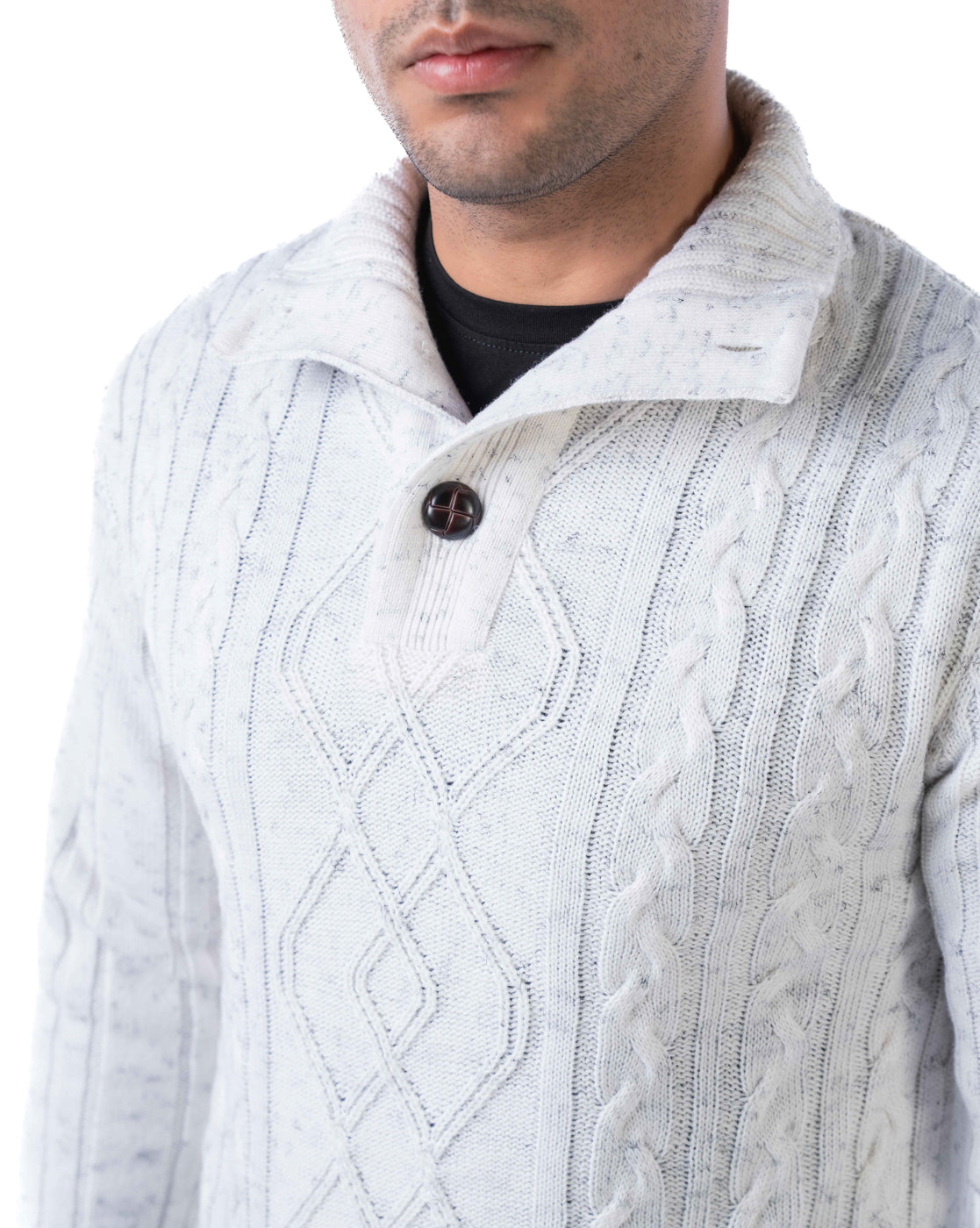 Men’s Off White Cable Knit Acrowool Pullover with High Neck