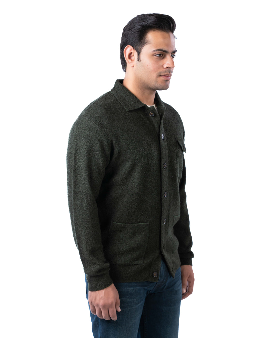 Men’s Olive Acrowool Cardigan with Chest Flap Pocket and Branded Buttons