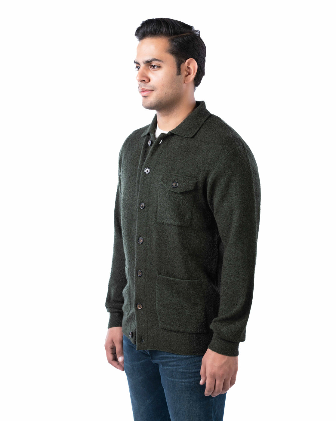 Men’s Olive Acrowool Cardigan with Chest Flap Pocket and Branded Buttons