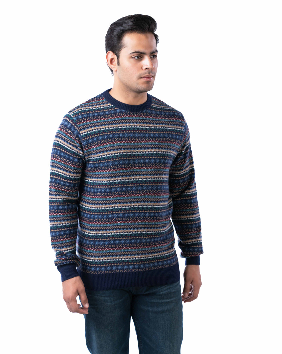 Men’s Dark Blue Lambswool Aztec Pullover with Multicolour Knit