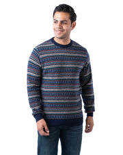 Men’s Dark Blue Lambswool Aztec Pullover with Multicolour Knit