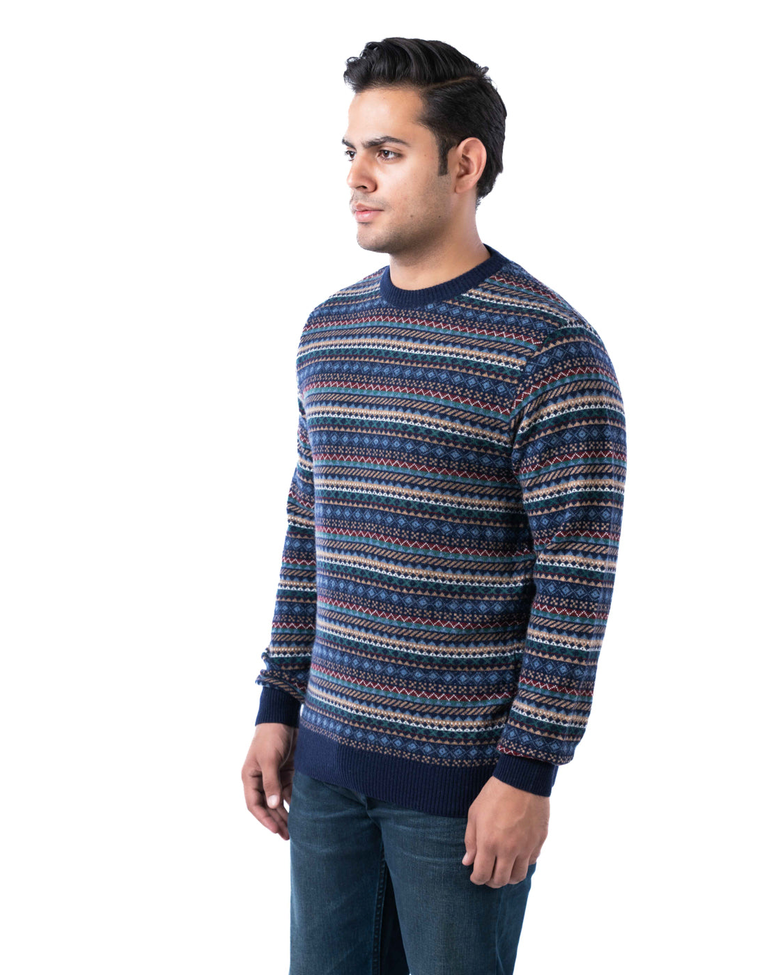 Men’s Dark Blue Lambswool Aztec Pullover with Multicolour Knit