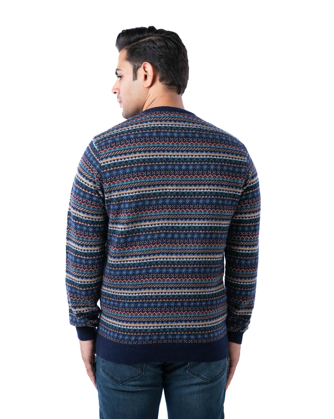Men’s Dark Blue Lambswool Aztec Pullover with Multicolour Knit