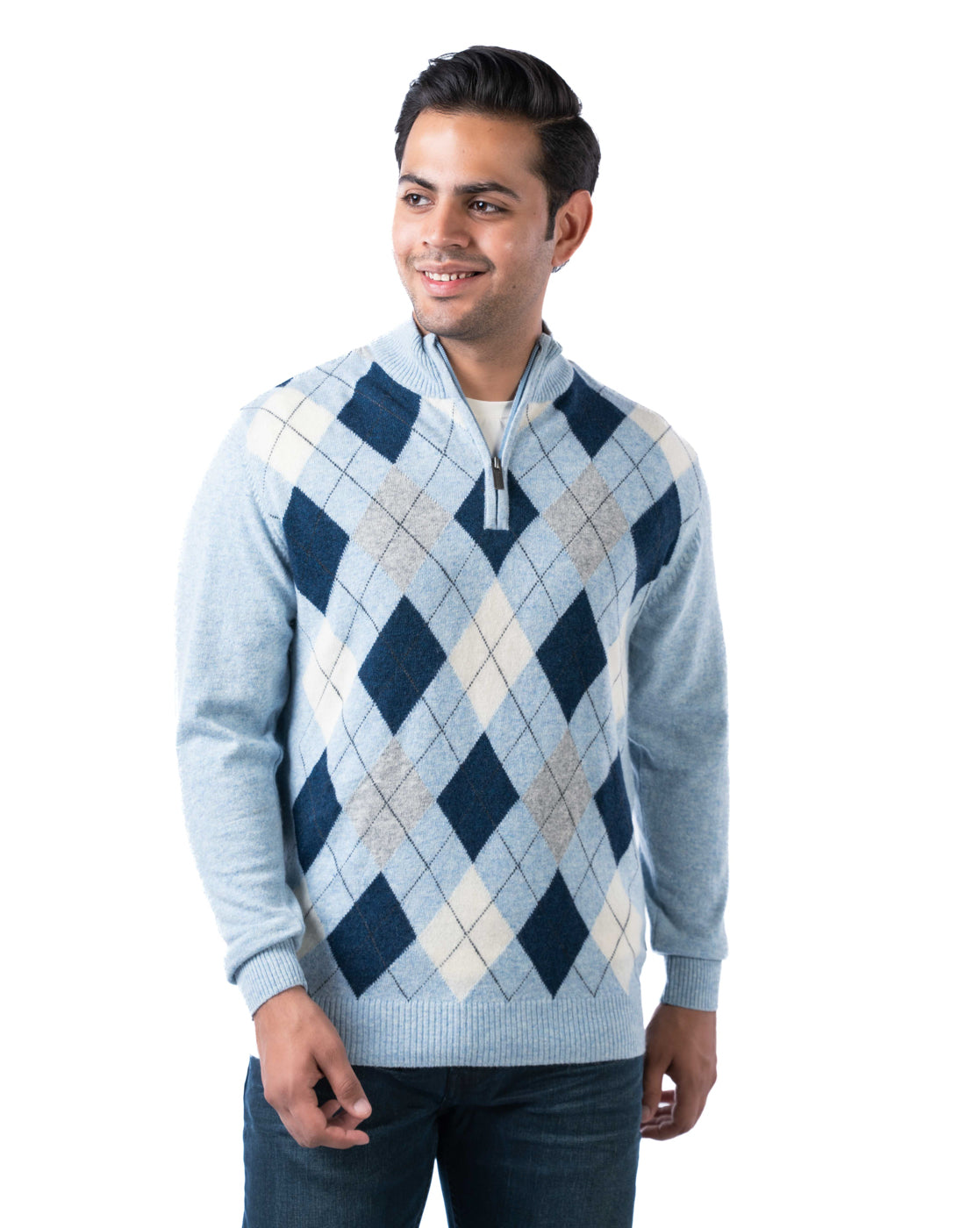 Men’s Aqua Argyle Knit Pashmina Pullover with T-Neck Zipper and Side Loop Label