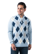Men’s Aqua Argyle Knit Pashmina Pullover with T-Neck Zipper and Side Loop Label