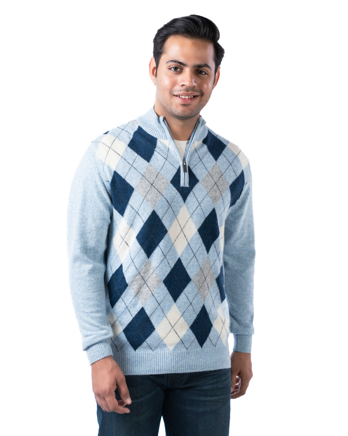 Men’s Aqua Argyle Knit Pashmina Pullover with T-Neck Zipper and Side Loop Label