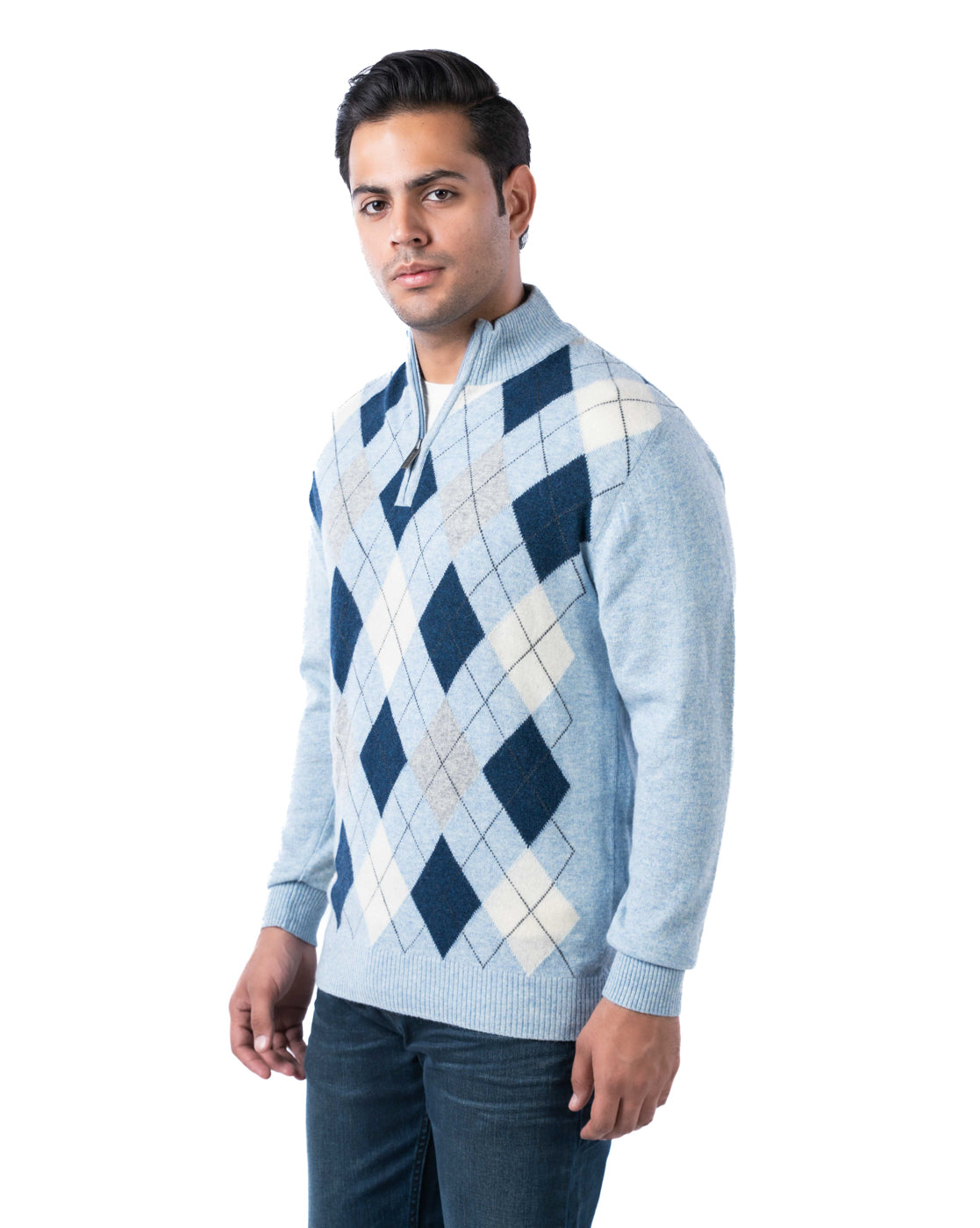 Men’s Aqua Argyle Knit Pashmina Pullover with T-Neck Zipper and Side Loop Label