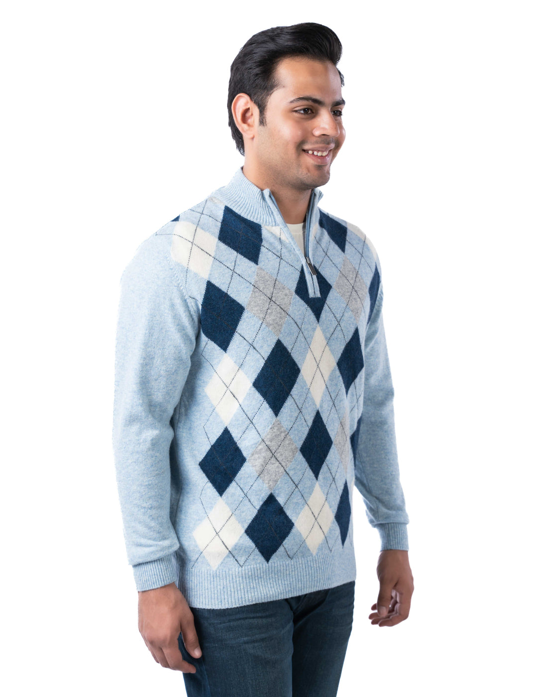 Men’s Aqua Argyle Knit Pashmina Pullover with T-Neck Zipper and Side Loop Label
