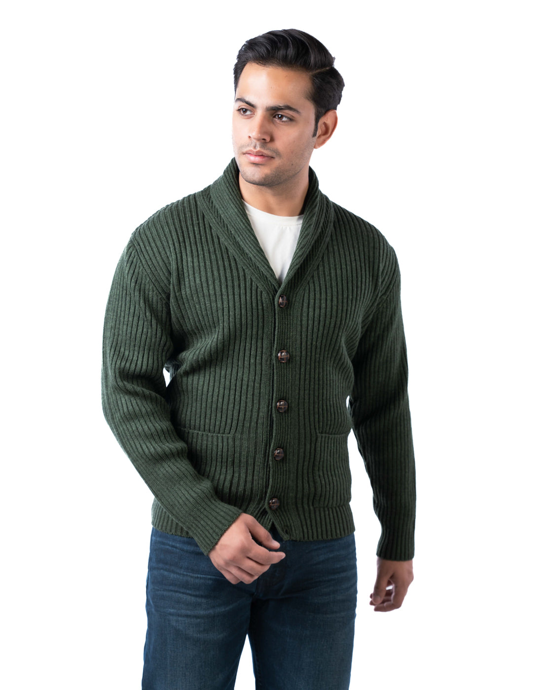 Men’s Dark Green Acrowool Shawl Collar Pullover with Button Placket & Patch Pockets