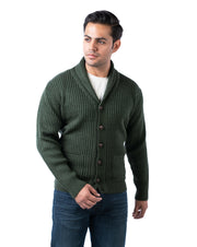 Men’s Dark Green Acrowool Shawl Collar Pullover with Button Placket & Patch Pockets