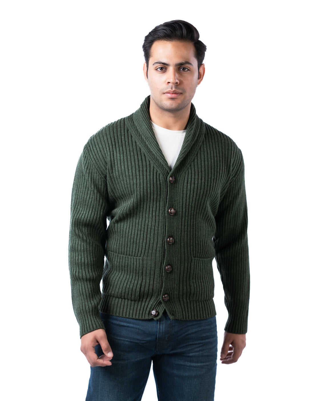 Men’s Dark Green Acrowool Shawl Collar Pullover with Button Placket & Patch Pockets