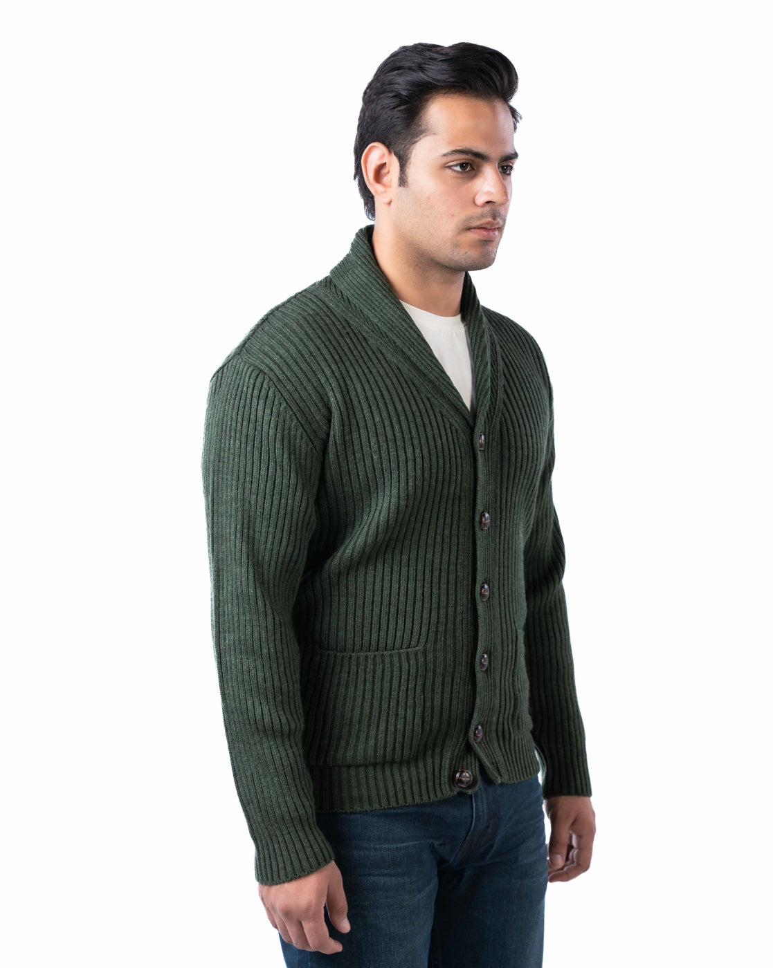 Men’s Dark Green Acrowool Shawl Collar Pullover with Button Placket & Patch Pockets
