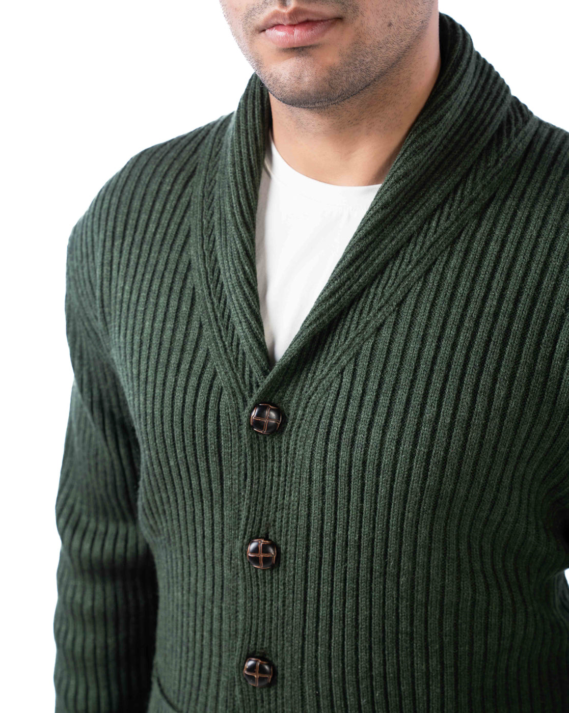 Men’s Dark Green Acrowool Shawl Collar Pullover with Button Placket & Patch Pockets