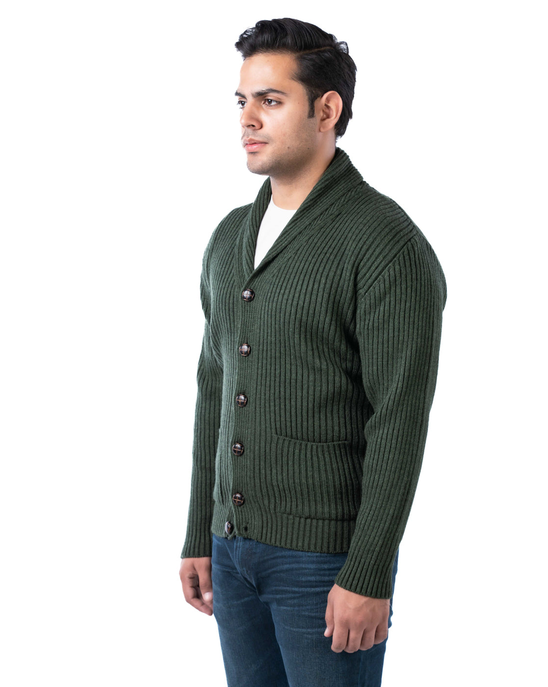 Men’s Dark Green Acrowool Shawl Collar Pullover with Button Placket & Patch Pockets