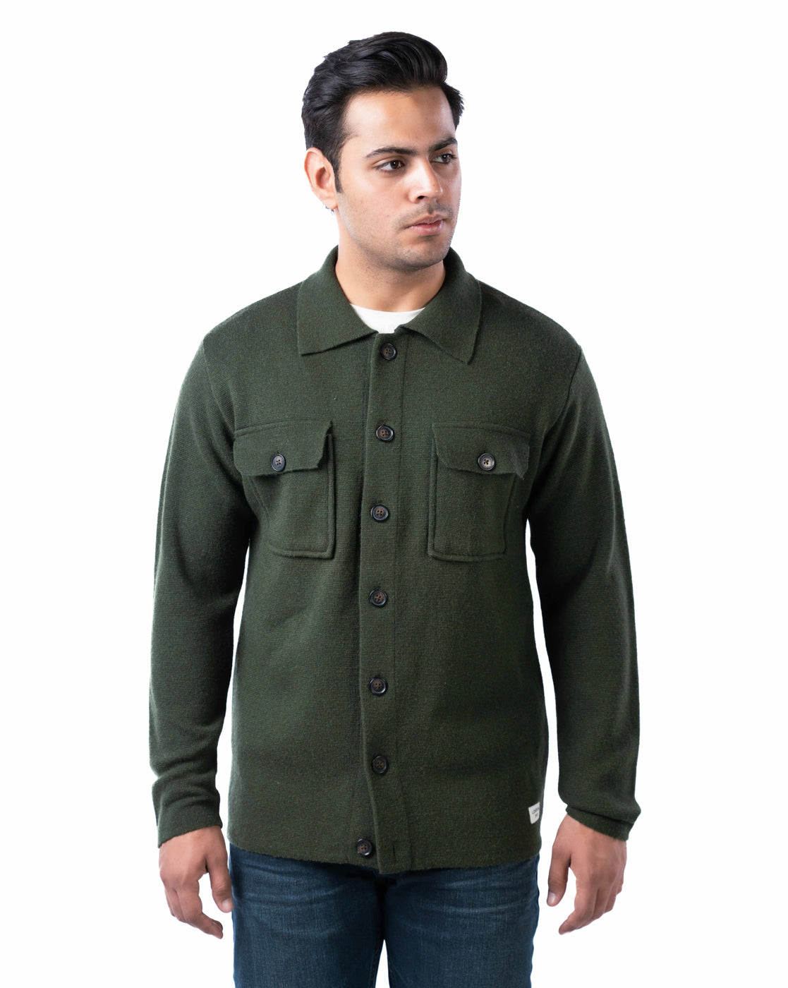 Men’s Dark Olive Button-Up Cardigan with Chest Flap Pockets
