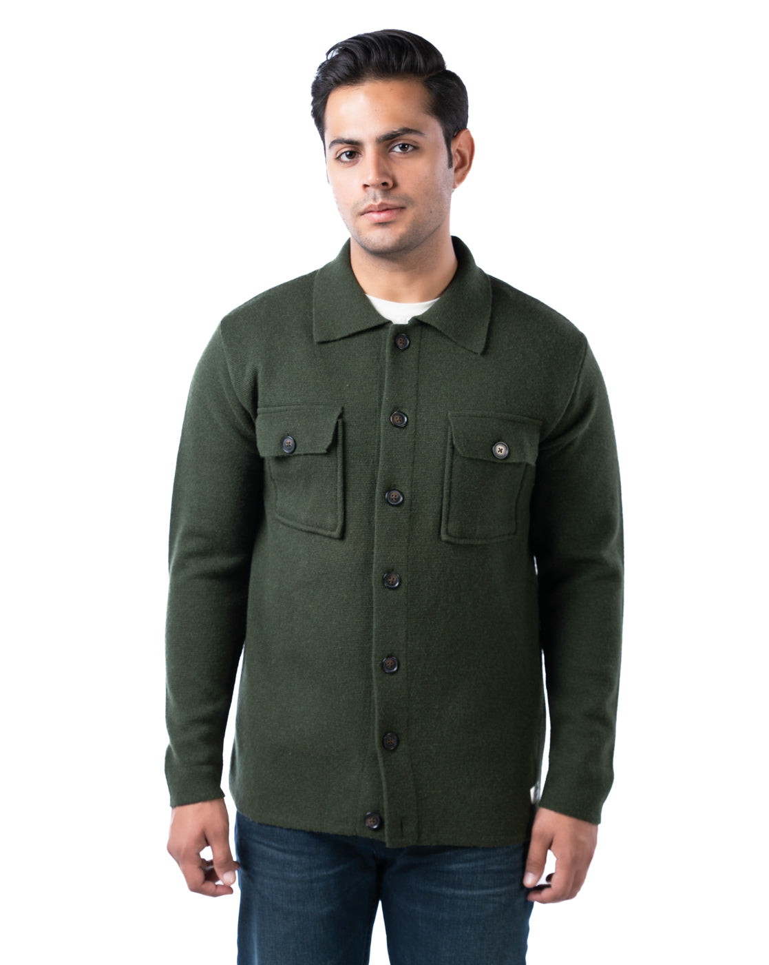 Men’s Dark Olive Button-Up Cardigan with Chest Flap Pockets