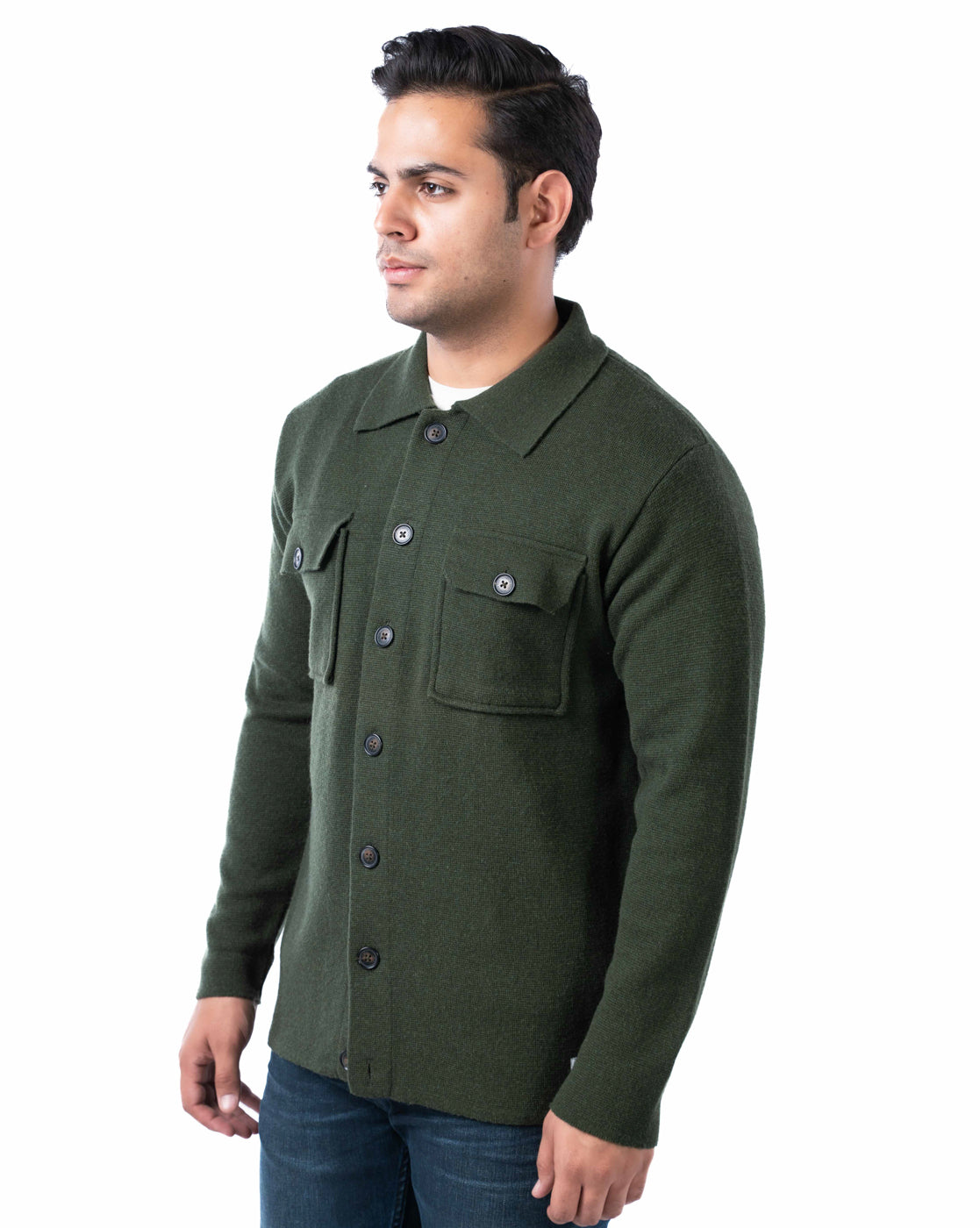 Men’s Dark Olive Button-Up Cardigan with Chest Flap Pockets