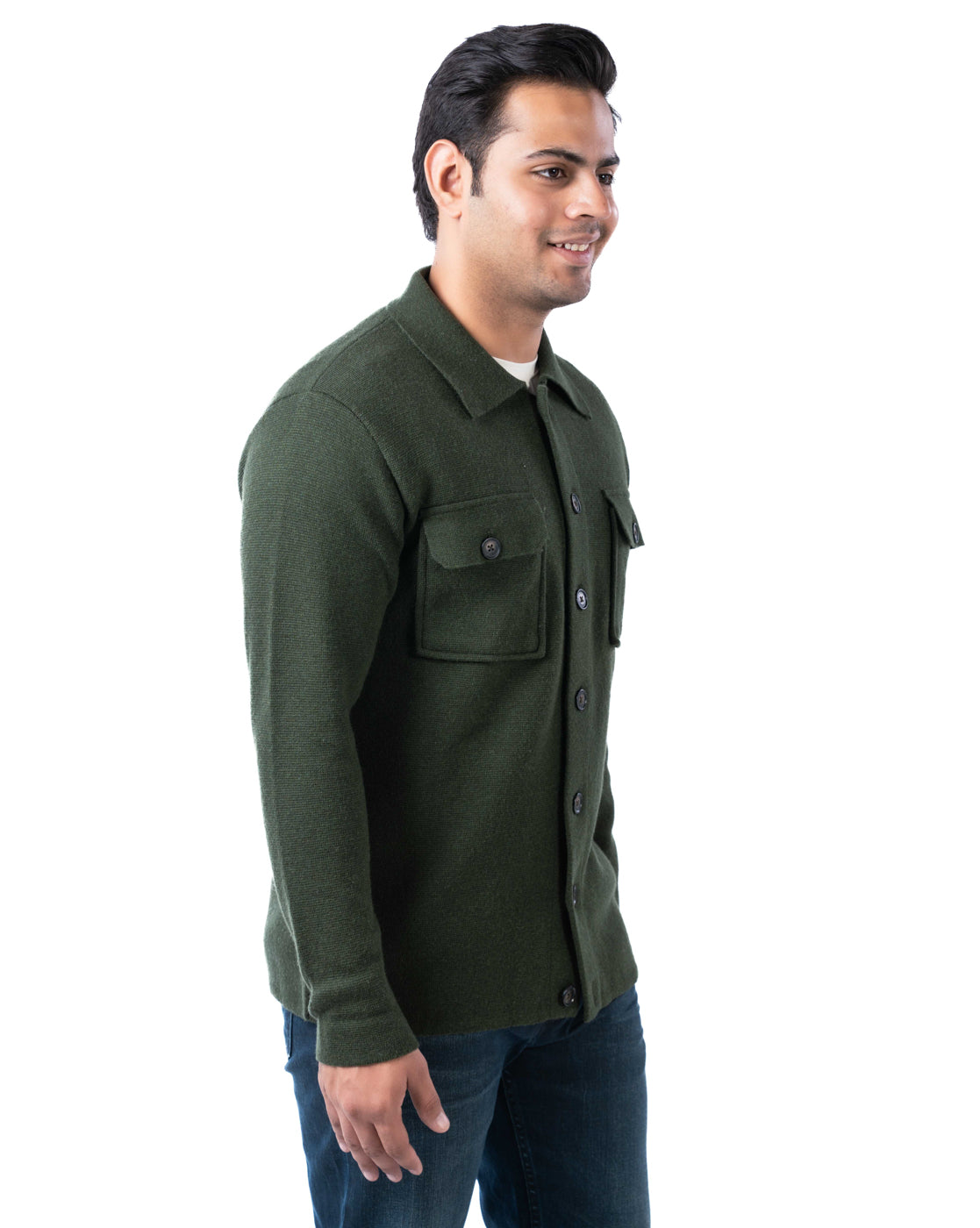 Men’s Dark Olive Button-Up Cardigan with Chest Flap Pockets