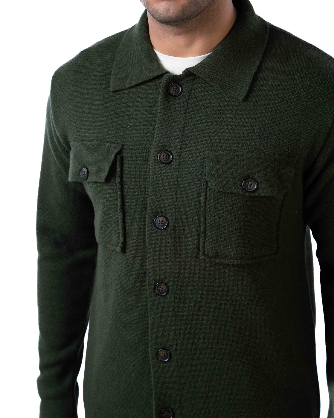 Men’s Dark Olive Button-Up Cardigan with Chest Flap Pockets