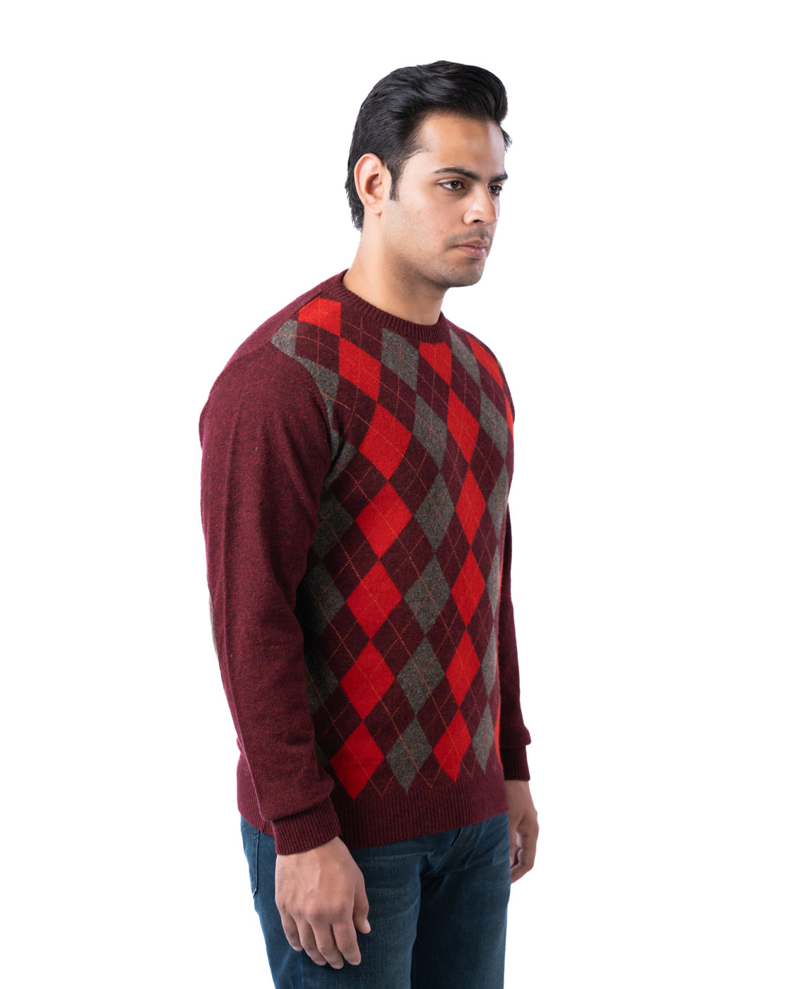 Men’s Wine Lambswool Multicolor Crew Neck Sweater with Suede Elbow Patches