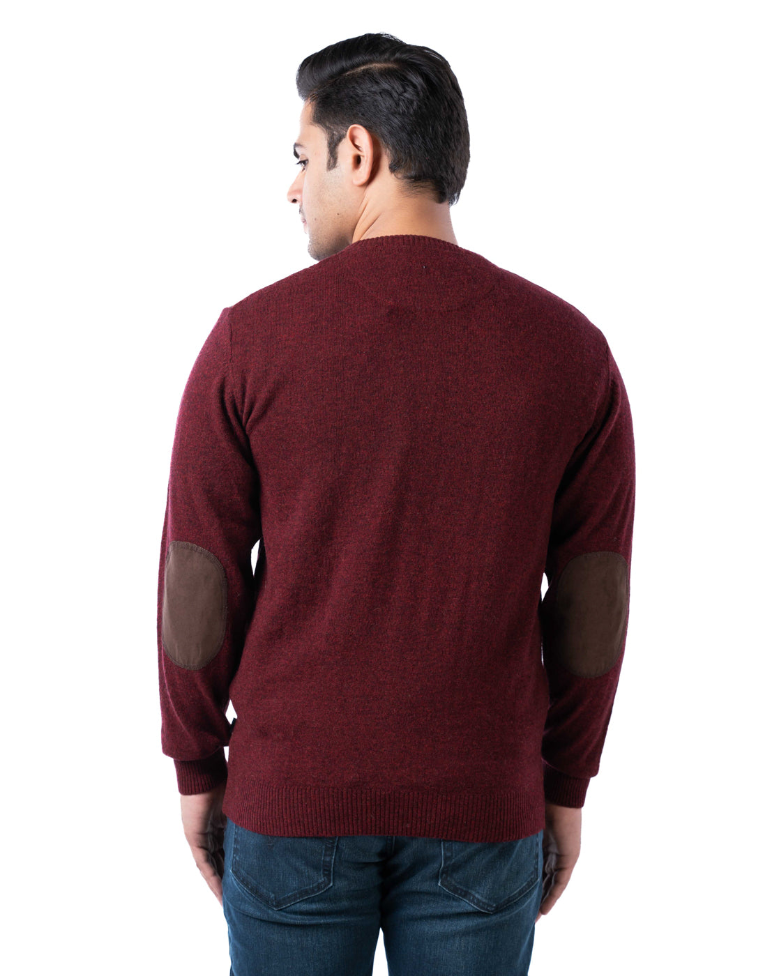 Men’s Wine Lambswool Multicolor Crew Neck Sweater with Suede Elbow Patches